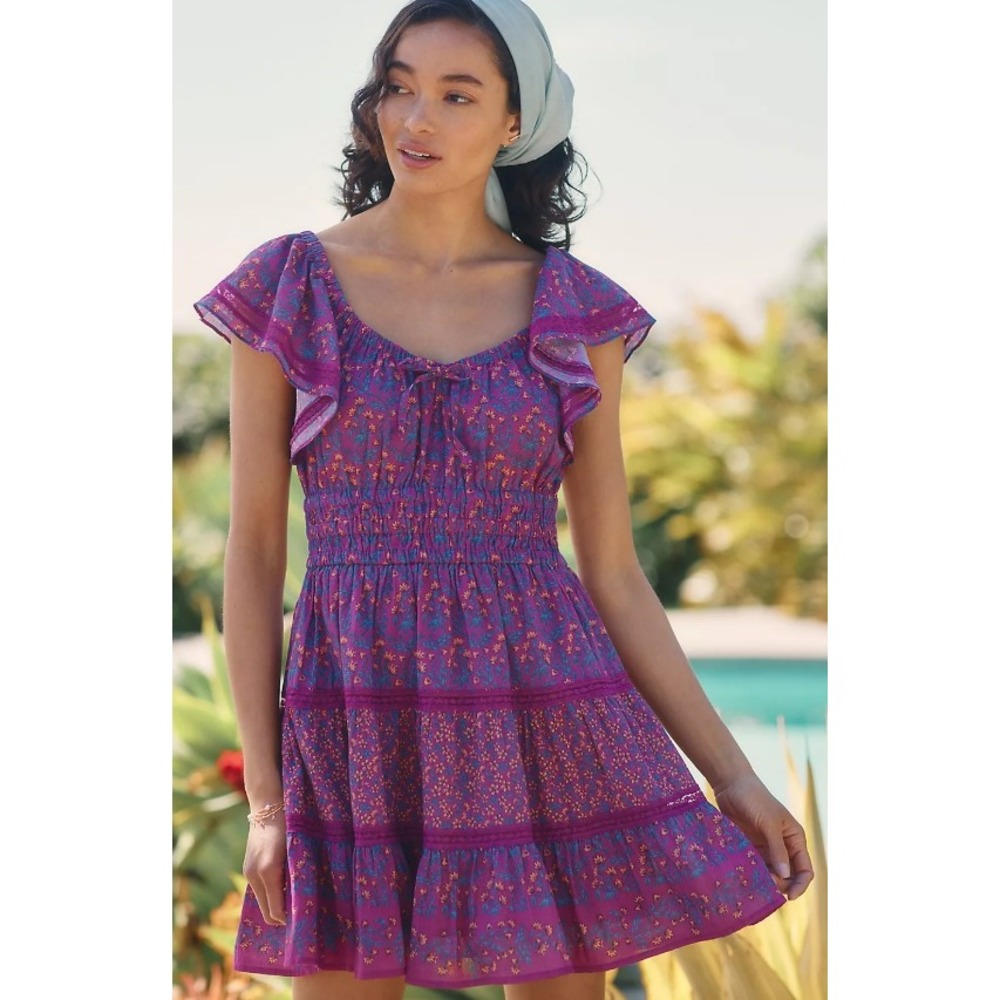 Roller Rabbit Augusta Dress Purple Floral Mini Ruffle Sleeve Smocked Boho Size L